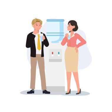 Ofis dedikoduları. İş arkadaşları su soğutucusunda dedikodu yapıyor. vektör illüstrasyonu