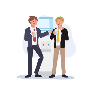 Ofis dedikoduları. İş arkadaşları su soğutucusunda dedikodu yapıyor. vektör illüstrasyonu