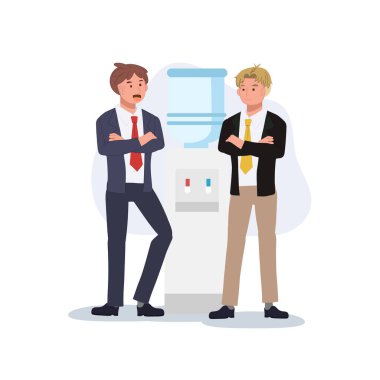 Ofis dedikoduları. İş arkadaşları su soğutucusunda dedikodu yapıyor. vektör illüstrasyonu