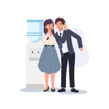 Ofis dedikoduları. İş arkadaşları su soğutucusunda dedikodu yapıyor. vektör illüstrasyonu