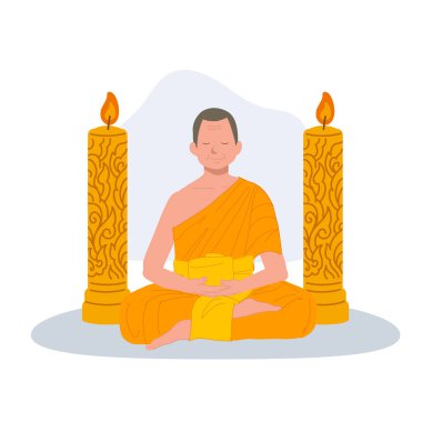Budist keşiş, Taylandlı Budistler için mum festivali sırasında meditasyon yapıyor. Düz vektör karikatür çizimi 