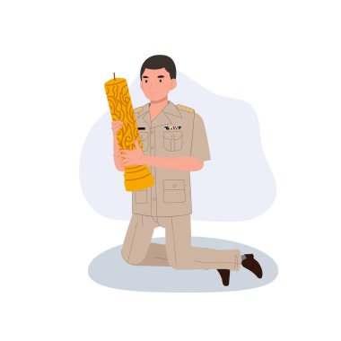 Thai hükümeti memuru Budist Paskalyası sırasında elinde büyük bir mum tutarken diz çöktü, kültürel bir tören..