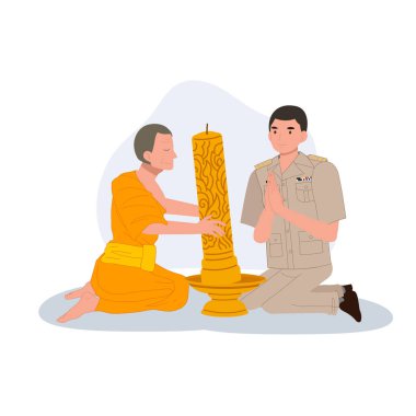 Hükümet üniformalı bir adam Budist keşişe büyük bir mum veriyor.