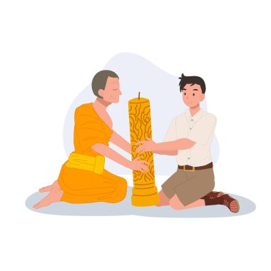 Genç bir Taylandlı öğrenci tapınaktaki Khao Phansa sırasında bir keşişe mum veriyor.