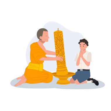Genç bir Taylandlı öğrenci tapınaktaki Khao Phansa sırasında bir keşişe mum veriyor.