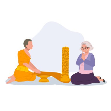 Yaşlı Taylandlı kadın budist perhiz gününde keşişe mum sunuyor.