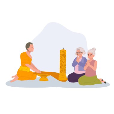Yaşlı Taylandlı kadın budist perhiz gününde keşişe mum sunuyor.