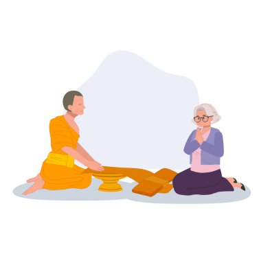 Budist geleneği olan yaşlı kadın Budist bir günde keşişe cübbe sunuyor.