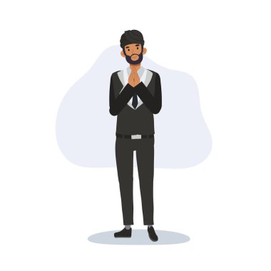 Hint iş karakteri namaste ellerle selamlıyor geleneksel jest takım elbise içinde.