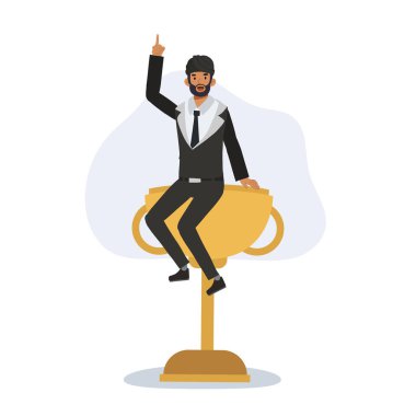 kurumsal başarı konsepti. iş başarısı Hintli işadamı altın kupanın üzerinde oturuyor bir numaralı el hareketiyle