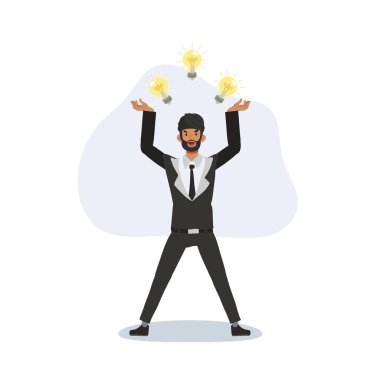 Takım elbiseli Hintli girişimci elinde ampullerle birden fazla fikir gösteriyor.