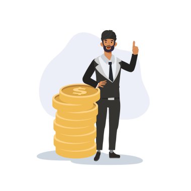  Hindistan 'lı işadamı madeni para destesinin yanında servetin büyümesini ve olumlu iş sonuçlarını temsil ediyor.