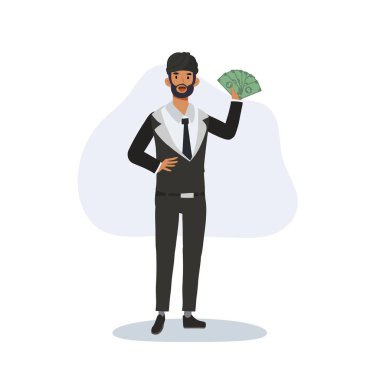 Takım elbiseli mutlu Hintli girişimci elinde para tutarak finansal özgürlük ve başarı gösteriyor.