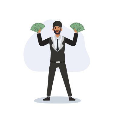 Takım elbiseli mutlu Hintli girişimci elinde para tutarak finansal özgürlük ve başarı gösteriyor.