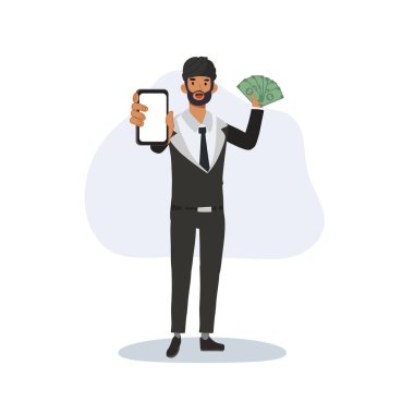 Takım elbiseli Hintli girişimci akıllı telefon sergiliyor ve cep telefonu ve dijital finansmanı temsil eden para hayranı tutuyor.