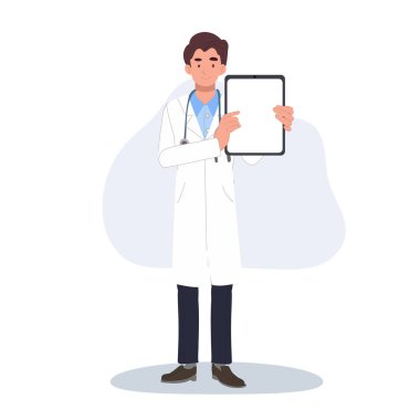 Beyaz önlüklü karikatür doktoru sağlık mesajı veya tıbbi iletişim için dijital tablet gösteriyor.