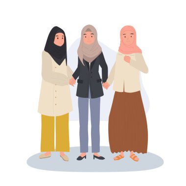 Mütevazı bir şekilde bir grup İslami kadın çizgi film tarzında birbirlerine destek oluyorlar.