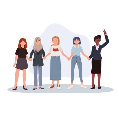 Kadın birliği çok kültürlü kadınlar destek için bir arada duruyorlar. El ele tutuşan kadınlar