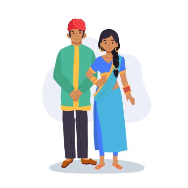 Saree ve Kurta 'lı renkli Hintli çift. Geleneksel elbiseli Hintli çift bir arada