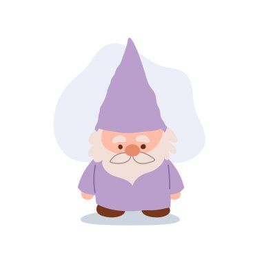 Peri masalı ve fantezi teması için mor kostümlü sevimli cüce vektör karakteri