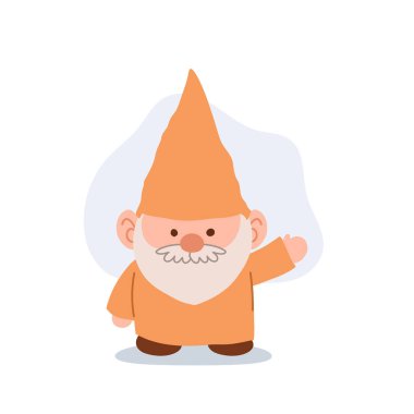 Pastel turuncu kostümlü çizgi film cücesi peri masalı ya da fantezi çizimleri için düz vektör.