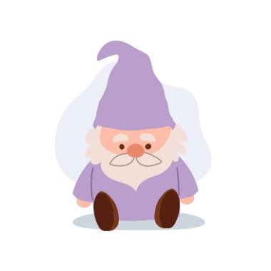 Peri masalı çocuk odası ya da fantezi teması için mor kıyafetli çizgi film cücesi düz vektör karakteri