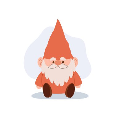 Peri masalı çocuk odası ya da fantezi teması için kırmızı kıyafetli çizgi film cücesi düz vektör karakteri