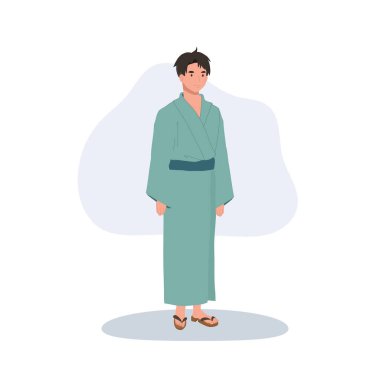 Yukata Japon yaz kimonosu giymiş Asyalı erkek geleneksel kültür festivali kıyafetleri.
