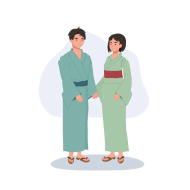  Yukata 'daki Japon çift, kültür festivali ve Japon yaşam tarzı teması için mükemmel el ele tutuşuyorlar.