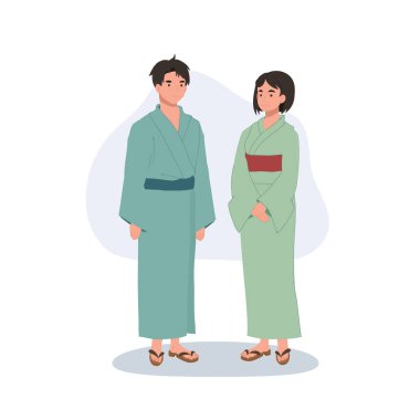 Japon kültür çifti çizimleri. Yukata kimonosu giyiyorlar. Geleneksel Japon modası.