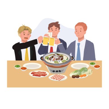 Mookata Thai barbeküsü domuz göbeği sebzeli ve iş arkadaşları sıcak bir yemek sahnesinde içkinin tadını çıkarıyorlar.