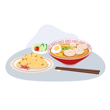 Japon yemeği, ramen erişteli kızarmış pilav ve salata vektör illüstrasyonlu Asya mutfağı çizgi filmi.