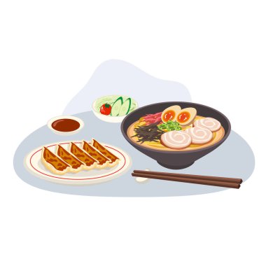 Japon yemeği seti, erişteli erişte, gyoza köftesi salatası ve sos.