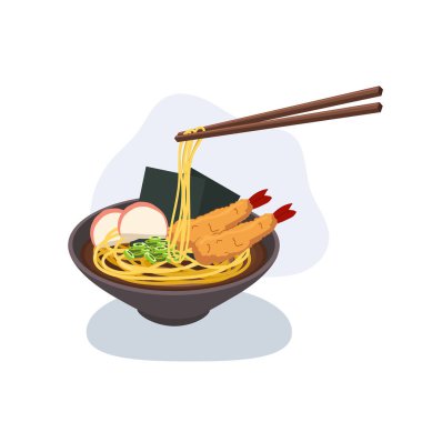 Tempura erişteli ramen kasesi yemek çubuklarıyla kaldırıldı.