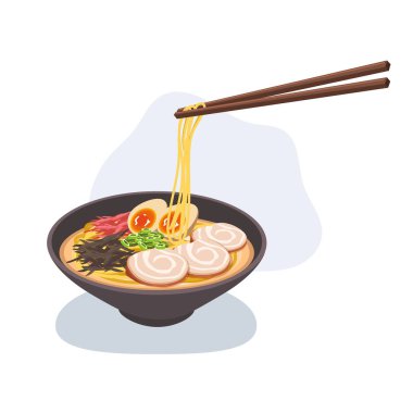 Erişteli Japon ramen kasesi yemek çubukları, chashu domuz eti, rafadan yumurta, yosun, zencefil ve yeşil soğan ile çalındı..