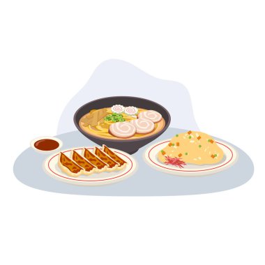 Japon usulü öğle yemeği seti sıcak ramen kasesi tavada kızarmış hamur köftesi ve yumurtalı pilav.