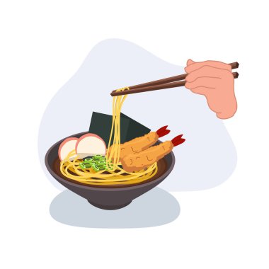 Japon ramen kasesi tempura karides, kamaboko, yeşil soğan, nori ve erişte toplamak için çubuk kullanan bir el..