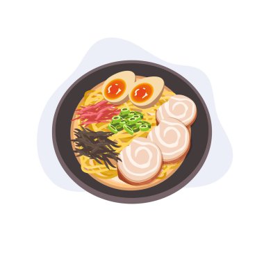 Lezzetli Japon erişteli ramen kasesi domuz eti dilimleri, haşlanmış yumurta ve malzemeler.