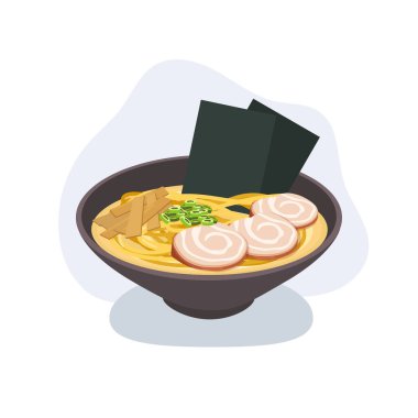 Japon çorbası, domuz dilimleri, yosun bambu filizleri ve yeşil soğan.