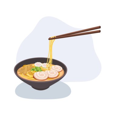 Japon erişteli ramen kasesi domuz dilimleri narutomaki ve yemek çubukları.