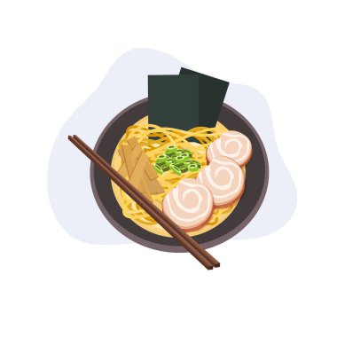 Japon erişteli ramen kasesinin üst görüntüsü. Domuz eti, yosun ve çubuk.