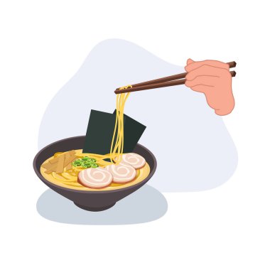 Ramen kasesinden erişte kaldıran el ele tutuşmuş Japon yemekleri domuz eti dilimleri, deniz yosunu ve bambu çorbası.
