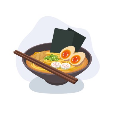Japon erişteli ramen çorbası çorba vektör illüstrasyonlu yumurta yosunlu narutomaki ve yemek çubuğu.