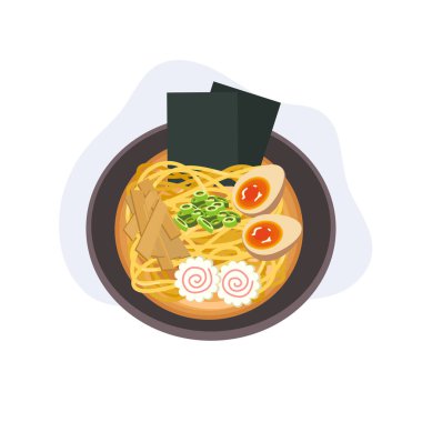 Japon ramen kasesi, yumurta yosunlu erişte çorbası, bambu filizi ve narutomaki Asya yemeği. 