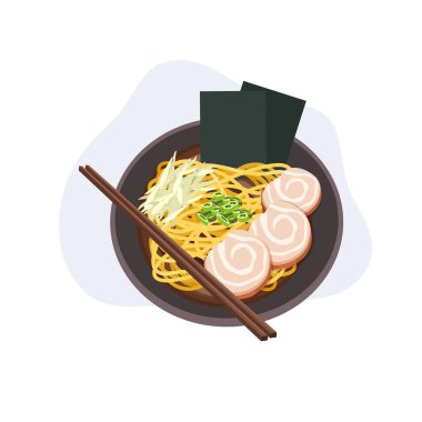 Çin usulü erişte kasesi, domuz eti, yeşil soğan ve Norveç usulü Japon mutfağı.