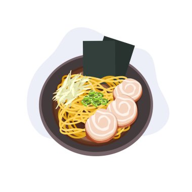 Ramen erişte kasesi geleneksel Japon mutfağı domuz şiş deniz yosunu ve soğanlı üst manzara.