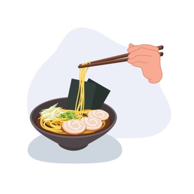 Japon erişteli erişte, elinde çubuklarla çorba kasesi var. Domuz dilimli ramen, yosun.