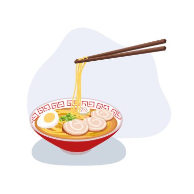 Erişteli sıcak Japon ramen kasesi haşlanmış yumurta domuz eti dilimleri narutomaki ve yemek çubukları.