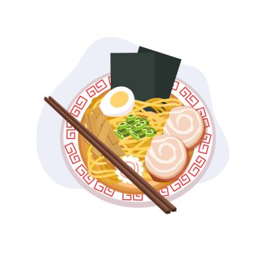 Japon erişteleri, domuz dilimleri, haşlanmış yumurta yosunları bambu filizleri ve çubuklar.