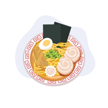 Üstten ramen. Domuz dilimli Japon erişte çorbası haşlanmış yumurta yosunu ve bambu filizleri dekoratif bir kasede.